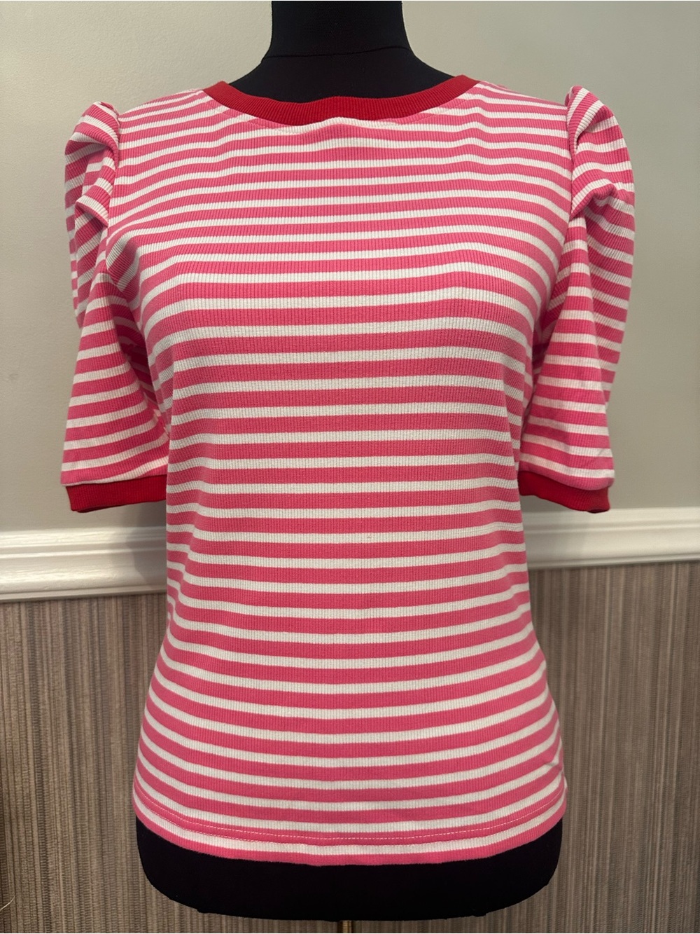 Rebecca Minkoff Small Pink White Striped Ribbed Puff Sleeve Top Cotton